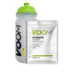 A VOOM Bio bottle with a sachet of Hydrate Smart formula electrolyte drink for hydration.