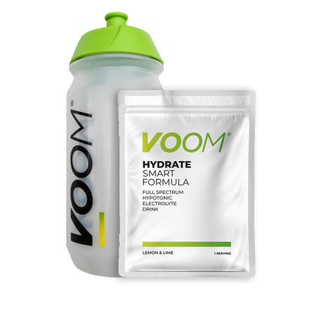 A VOOM Bio bottle with a sachet of Hydrate Smart formula electrolyte drink for hydration.