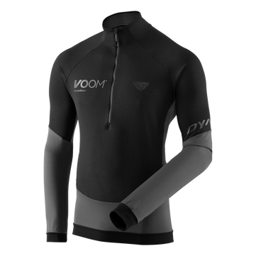 Voom branded mens dynafit light thermal fleece top with half zip, in black and grey colour way