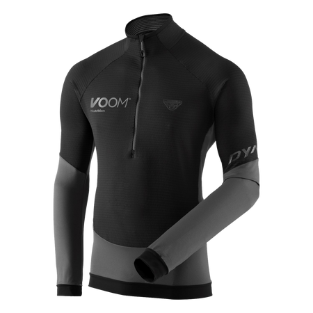 Voom branded mens dynafit light thermal fleece top with half zip, in black and grey colour way
