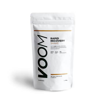 A white, biodegradable pouch of VOOM Rapid Recovery drink with protein isolate