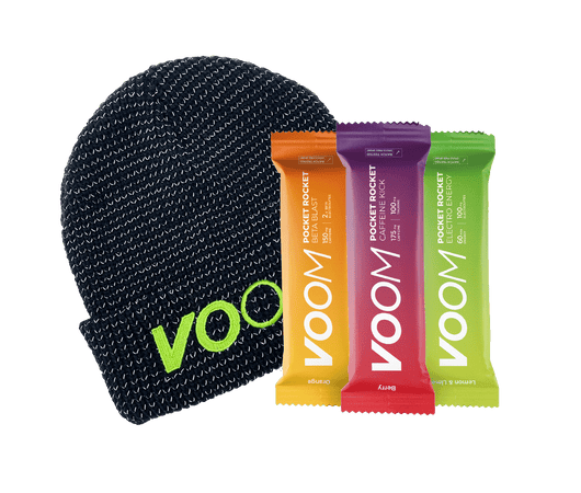 A reflective running hat VOOM beanie with three Pocket Rockets energy bars ideal for running and cycling.