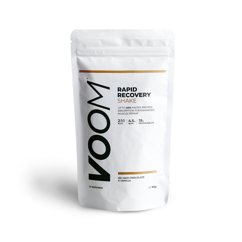 A white, biodegradable pouch of VOOM Rapid Recovery drink with protein isolate